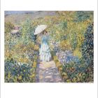 Text: "5 1 2 3 4 5 6 7 8 9 10 11 12 13 14 15 16 17 18 19 20 21 22 23 24 25 26 27 28 29 30 31". 

Gemälde: Eine Frau im Garten mit Sonnenschirm.