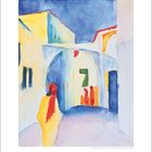 Eine bunte Illustration zeigt eine verwinkelte Gasse mit abstrakten Figuren, dominierende Farben sind Blau, Gelb und Rot.