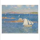 Kalenderseite mit einem Gemälde von Segelbooten auf blauem Wasser, umgeben von felsiger Küste und Hügeln im Hintergrund.