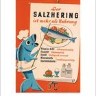 Der Salzhering bietet Vitamine A-B-D, Fischfett, Eiweiß, Mineralstoffe, Spurenelemente. Illustration mit blauem Fisch.