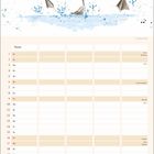 Kalendarseite für Mai mit Feiertagen und Notizfeldern. Oben drei tanzende Entenküken, Aquarellstil.