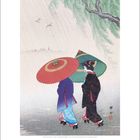 5 | 2027. Zwei Frauen im Regen tragen bunte Kimonos und Bambusschirme. Es regnet, Bäume und Vögel im Hintergrund.