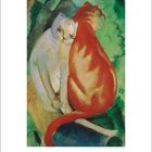 Illustration von zwei Katzen, eine weiß, die andere rot, mit verspielten Pinselstrichen und üppigem grünem Hintergrund.