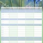 „Mai 2027“ in dekorativer Schrift; Kalender. Illustration von blauen Blumen und einem Kolibri im oberen Bereich.