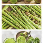 Kalenderseite Mai mit grünen Äpfeln, Spargeln und grünem Smoothie.