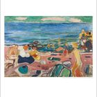 Kalenderblatt mit einem Gemälde von Strandbesuchern; das Meer im Hintergrund. Unten: Monat Mai, Tage 1-31.