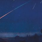 Kalender für Juni und Juli. Zitat über außerirdisches Leben. Sternenhimmel mit Komet. Unten dunkel silhouettierte Bäume.