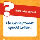 Wahr oder falsch? Ein Geldautomat spricht Latein. 3 | 4 Samstag Sonntag Juli. Ein Fragezeichen auf orangenem Hintergrund.