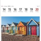 Kalender mit Daten: 14-20 Juni, Montag bis Sonntag. Strandhäuschen in Herne Bay, Kent, bunte Holzhäuser in Reihe.
