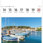 Kalender zeigt Juni, Woche 24, vom 14. bis 20. Ein Hafen mit Booten, blauem Himmel, Häusern im Hintergrund.