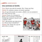 "WORTSCHATZ: Una caminata en familia. Dialog über Wandern; Datum: Miércoles 4 Agosto; Horoskop: Leo." Illustration: Familie wandert.