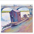 Text: Nicolas Klopp, Schwimmbagger vor der Brücke in Remich, 1928, Dienstag, Mai 4. Gemälde: Brücke über Fluss, Bagger.