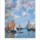 Zitate von Eugène Boudin. Gemälde mit Segelbooten bei wolkigem Himmel und Meer in einem Hafen. Kalenderdaten unten.