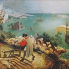 Kalender für Juni und Juli, Gemälde von Pieter Bruegel d. Ä., "Landschaft mit dem Sturz des Ikarus", zeigt bäuerliche Szene.