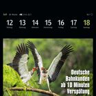 Kalender für Juli, Woche 28. Zwei große Vögel mit ausgebreiteten Flügeln. Text: "Deutsche Bahnkunden ab 10 Minuten Verspätung".