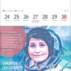 Kalenderdaten für Mai mit Zitat über die Entdeckung der Welt durch Lesen. Illustration einer Astronautin.