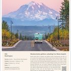USA, Washington. Strecke: Seattle – Mount-Rainier-Nationalpark. Länge: 90 Meilen. März Kalender. Ein Bus fährt zum schneebedeckten Berg.