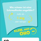 Text: "Wie schwer ist eine Schneeflocke ungefähr? mehr als 1 mg oder weniger. KLEIN, ABER OHO. 18 Montag Januar".  
Design: Helles, modernes Layout.