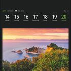 Kalender mit Juni, 14. bis 20., und Kap Drastis auf Korfu, Griechenland bei Sonnenuntergang über dem Meer.