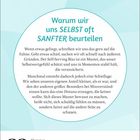 Text: "Warum wir uns SELBST oft SANFTER beurteilen". Datum: Dienstag, 23. Februar. Mintgrüner Hintergrund.