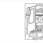 Eine Illustration: Ein Waschbär hält Kleidung vor einem offenen Schrank mit Handtüchern und Kleidung. Eine Lampe hängt oben.