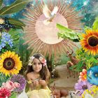 Oben steht "AHIMSA", "Sanftheit beginnt bei dir". Unten: "Ich bin sanft mit mir. Ich wähle Frieden." Eine Illustration mit Blumen, Tieren und einem Kind.