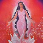 Text: „BÜHNE DES LEBENS. Erkenne deine Fähigkeiten, und teile sie mit der Welt." Illustration einer Frau mit langen Haaren.