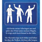 Mit dem Adler fliegen. Illustration: Drei Figuren heben die Arme, als würden sie fliegen, vor blauem Hintergrund.