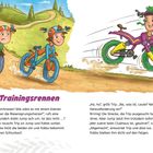 Texte: "Das Trainingsrennen", "Hey, ihr Schnarchnasen!", "Ha, ha", grölt Trip. Zwei Kinder auf Rädern in bunten Outfits.