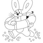 Text unten: "Der Hase geht gern schwimmen und nimmt seinen Schwimmreifen gleich mit." Illustration eines Hasen mit Schwimmreifen.