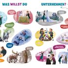 "Was willst du unternehmen?" Mehrere Illustrationen zeigen Figuren aus Frozen bei Aktivitäten wie Bummeln, Picknicken oder Feiern.