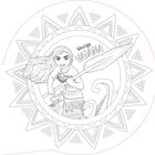 "Mutige Vaiana" steht über einer Illustration von Vaiana mit einem Paddel in der Hand, umgeben von einem dekorativen Muster.