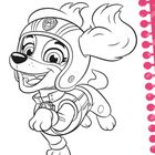 Ein fröhlicher Welpe in Fliegermontur springt mit offenem Mund. Oben ein Pfotenabzeichen auf dem Helm. Rosa Rand mit Punkten.