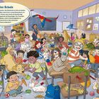 „Raumschiff-Kantine.“ Viele verschiedene, bunte Aliens essen und unterhalten sich in einer lebhaften Kantine im Weltraum.