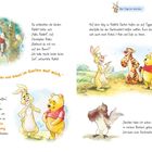Titel: Ein Tag im Garten. Texte: Christopher Robin fragt Rabbit; Rabbit hat keine Zeit; Gartenarbeit wartet. Pooh bietet Hilfe an. Rabbit und Pooh diskutieren über Honig; Freunde bieten ihre Hilfe im Garten an; Eule will beaufsichtigen. Illustrationen: Figuren in lebhaften Farben, umgeben von Natur, freundliche Szenen.