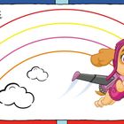 Text oben links: „Über der Abenteuerbucht strahlt ein Regenbogen...“. Illustration eines Hundes mit Regenbogen und Wolken.