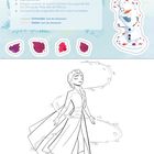 "Bunter Eiskönigin-Wind. 1. Male das Bild aus. 2. Schneide das Bild mit einem Erwachsenen aus. 3. Beklebe es bunt." Illustrationen von Olaf und Elsa mit Herbstblättern.