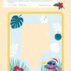 **MEIN LIEBSTES WINTERFOTO**

1. Male die weißen Elemente aus.
2. Rahmen mit Erwachsenem ausschneiden.
3. Lieblingsfoto von hinten kleben. 

Illustration: Buntes Wesen mit Weihnachtsmütze.