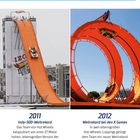 "Hot Wheels im Laufe der Jahre." Links: 2011, ein Auto fährt eine orange Rampe hinunter. Rechts: 2012, Looping mit Autos.