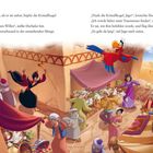 Eine bunte Illustration zeigt chaotische Marktszene, ein roter Papagei fliegt, während unten Menschen teils erschrocken reagieren.