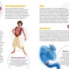 Aladdin und Figuren wie Basarhändler, Abu und Dschinni werden beschrieben. Illustrationen von Aladdin, Affe Abu und Dschinni.