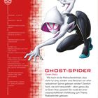 Ghost-Spider: Gwen Stacy. Größe: 1.65 m, Gewicht: 58 kg. Superkräfte und Fähigkeiten beschreiben übermenschliche Eigenschaften. Eine dynamische Comic-Illustration zeigt die Figur mit Kapuze in Aktion.