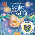 „Ich schenk dir ein Licht - Schlaf Kindlein schlaf“. Illustration einer Ente mit Küken im Wasser, Bäume und Blumen umgeben sie.
