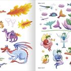 Seite 12+13: Bunte Drachen und Feuer spucken Flammen.  
Seite 14+15: Libellen, Frosch auf Seerose, bunte Feen.