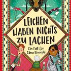 „Leichen haben nichts zu lachen. Ein Fall für Edna Knorple.“ Illustration mit Figuren, Schlüsselloch, Fußspuren.