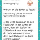 Eine Illustration mit Witzen und einem lachenden Gesicht. Texte sind auf Deutsch und umfassen Fragen und Antworten.