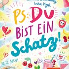 "PS: Du bist ein Schatz!" in bunten Buchstaben. Viele fröhliche, bunte Illustrationen: Sonnen, Früchte, ein Hund und mehr.