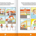 Links oben steht: „Hier fehlt jeweils ein Teil des Bildes.“ Rechts oben steht: „Tim fährt mit dem Schulbus in die Schule.“

Links oben fehlen Puzzleteile in vier Bildern: Bus, Auto, Fahrrad, Bagger. Unten sind die fehlenden Teile zur Auswahl. Rechts sind vier Illustrationen einer Geschichte, die Tim beim Aufstehen, Frühstück, Schulweg und Ankunft zeigen.