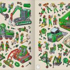 Illustration: Menschen und grüne Baumaschinen in verschiedenen Bau- und Forstsituationen.