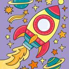 Eine bunte Illustration zeigt eine Rakete im Weltraum, umgeben von Sternen und Planeten, mit lila Hintergrund.